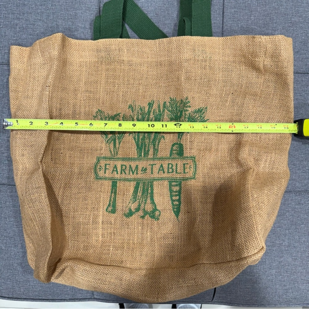 Farm to Table Burlap Tote Bag with Green Handles - Picture 3 of 4